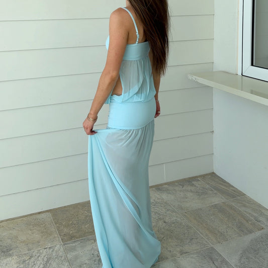Ance Gria Romeo Gown Aqua available for hire at The Label Hire
