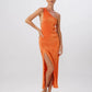 L'ldee Naomi Gown Tangelo Orange available for hire at The Label Hire.
